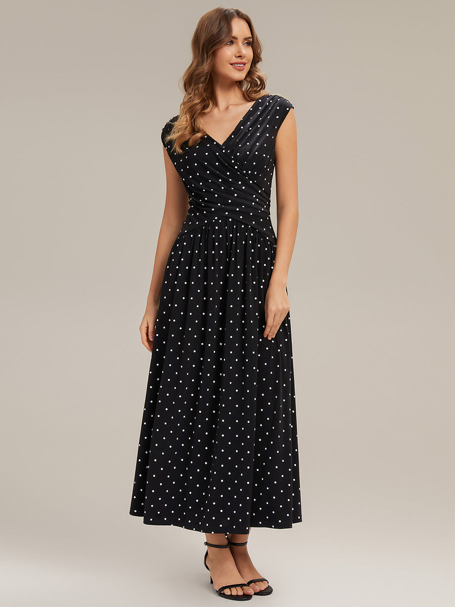 Robe maxi sans bretelles à décolleté en V en jersey extensible avec pois froncés #Couleur_Noir à pois