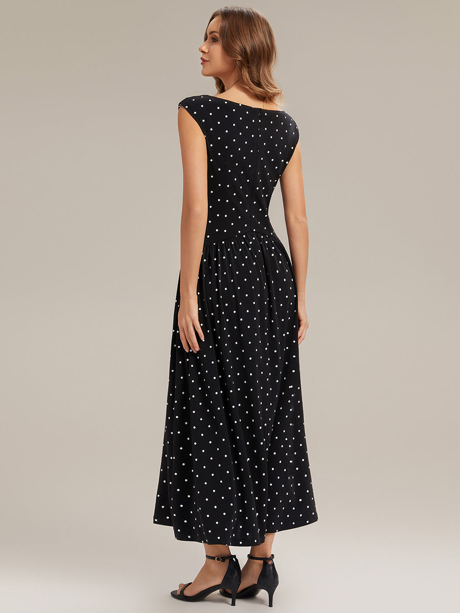 Robe maxi sans bretelles à décolleté en V en jersey extensible avec pois froncés #Couleur_Noir à pois