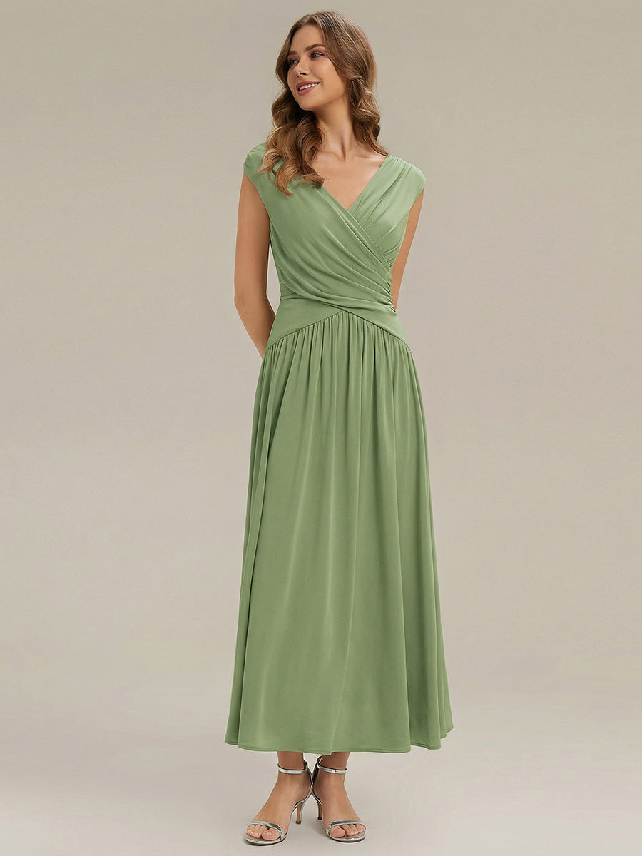 Robe maxi sans bretelles à décolleté en V en jersey extensible avec pois froncés #Couleur_Vert sauge