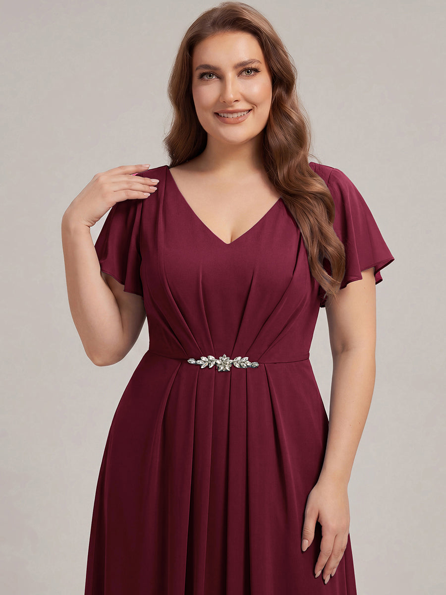 Robe longue maxi ligne A avec manches à volants col en V ornée de strass #Couleur_Bordeaux