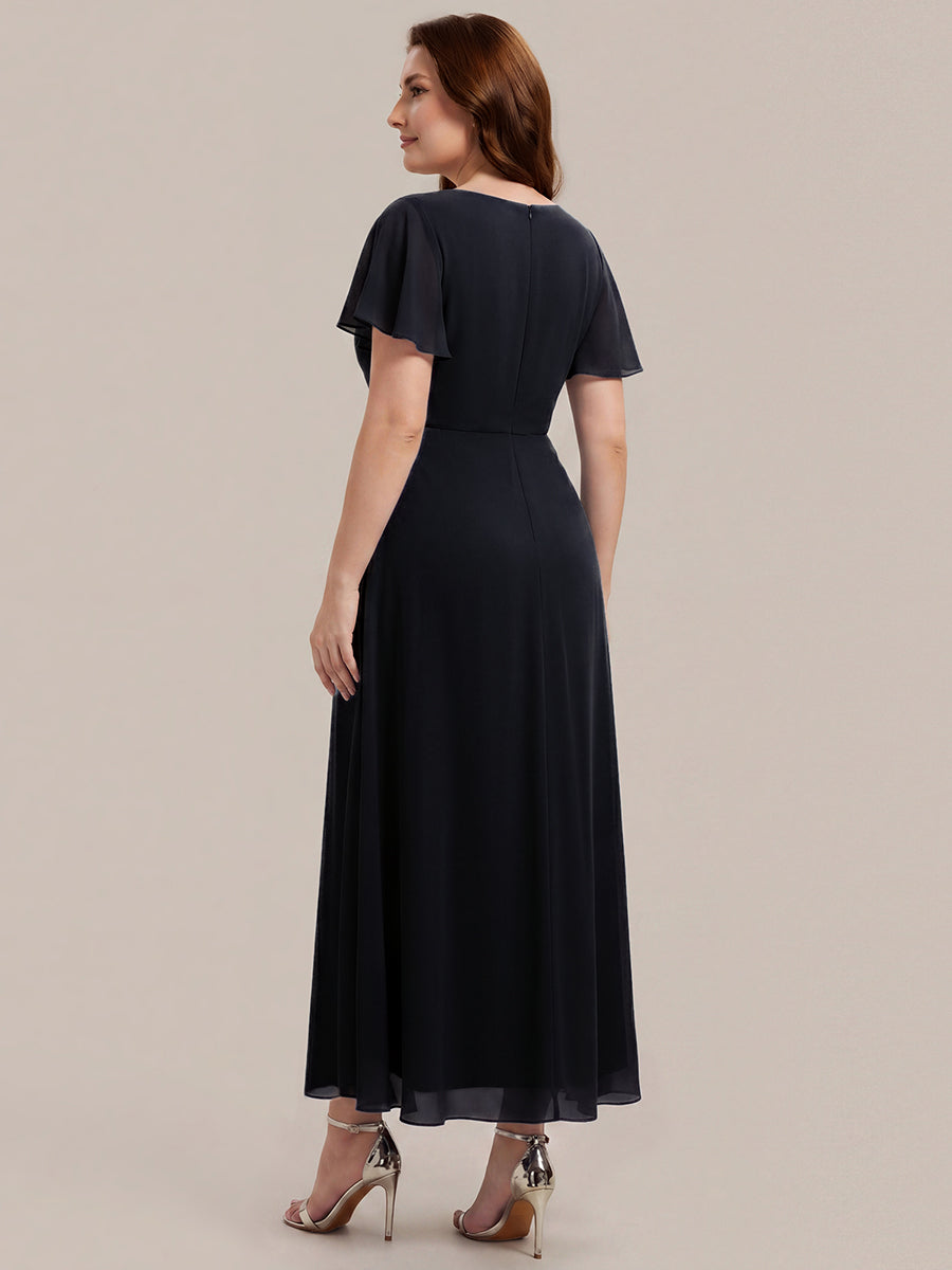 Robe longue maxi ligne A avec manches à volants col en V ornée de strass #Couleur_Noir