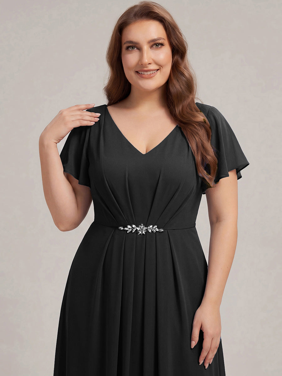 Robe longue maxi ligne A avec manches à volants col en V ornée de strass #Couleur_Noir