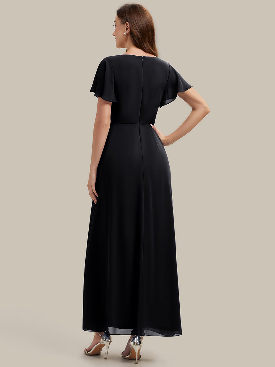 Robe longue maxi ligne A avec manches à volants col en V ornée de strass #Couleur_Noir