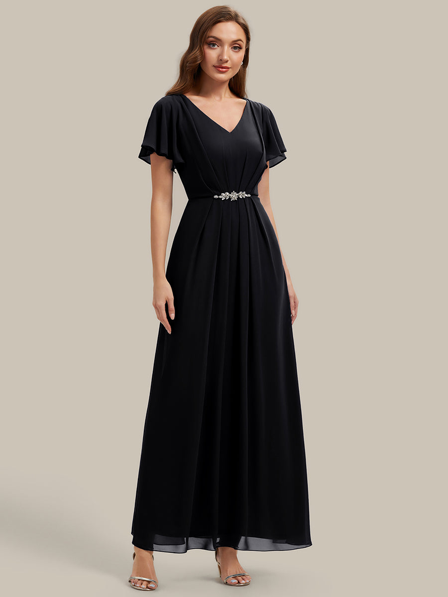 Robe longue maxi ligne A avec manches à volants col en V ornée de strass #Couleur_Noir