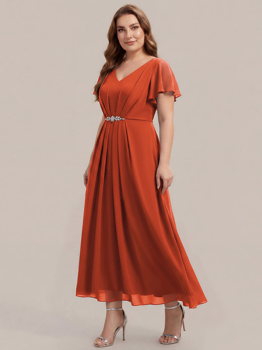 Robe longue maxi ligne A avec manches à volants col en V ornée de strass #Couleur_Burnt Orange