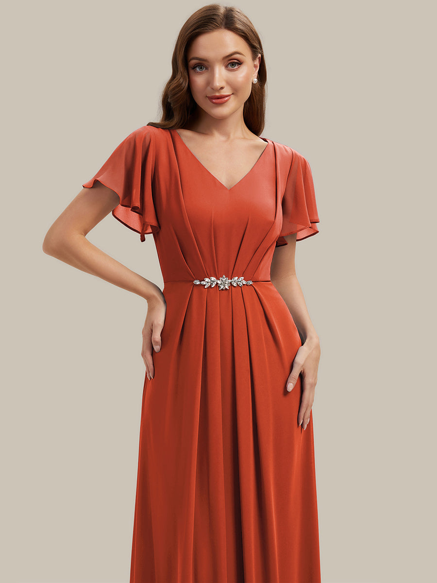 Robe longue maxi ligne A avec manches à volants col en V ornée de strass #Couleur_Burnt Orange