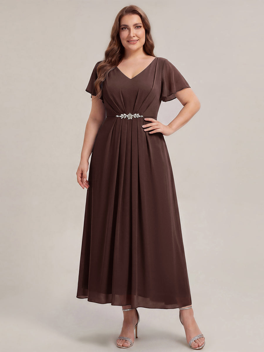 Robe longue maxi ligne A avec manches à volants col en V ornée de strass #Couleur_Marron chocolat