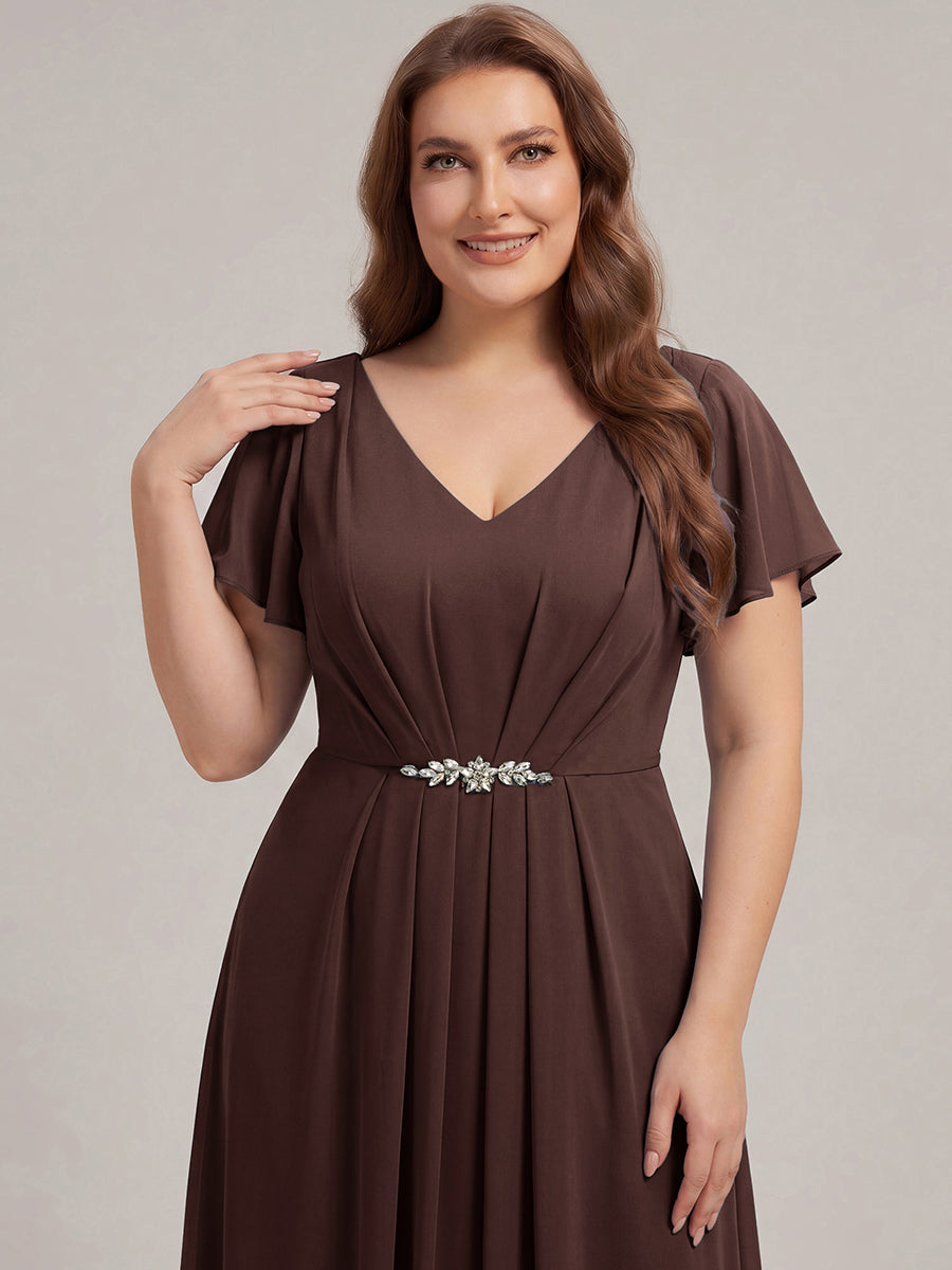 Robe longue maxi ligne A avec manches à volants col en V ornée de strass #Couleur_Marron chocolat