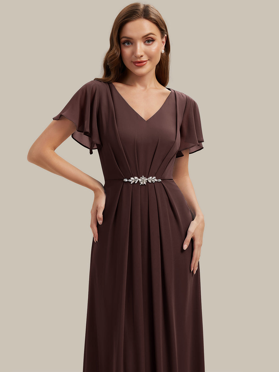 Robe longue maxi ligne A avec manches à volants col en V ornée de strass #Couleur_Marron chocolat