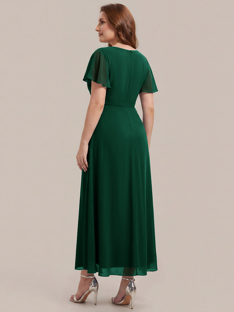 Robe longue maxi ligne A avec manches à volants col en V ornée de strass #Couleur_Vert Fonce