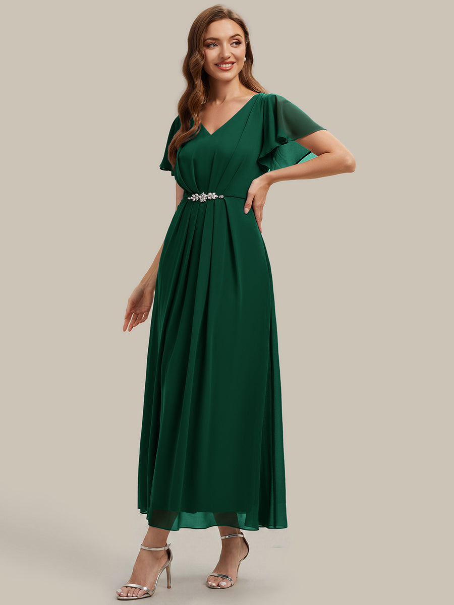 Robe longue maxi ligne A avec manches à volants col en V ornée de strass #Couleur_Vert Fonce