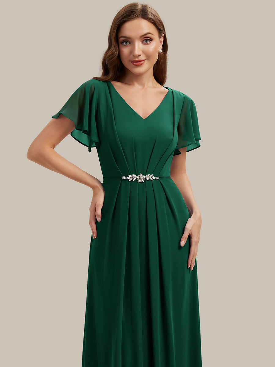 Robe longue maxi ligne A avec manches à volants col en V ornée de strass #Couleur_Vert Fonce