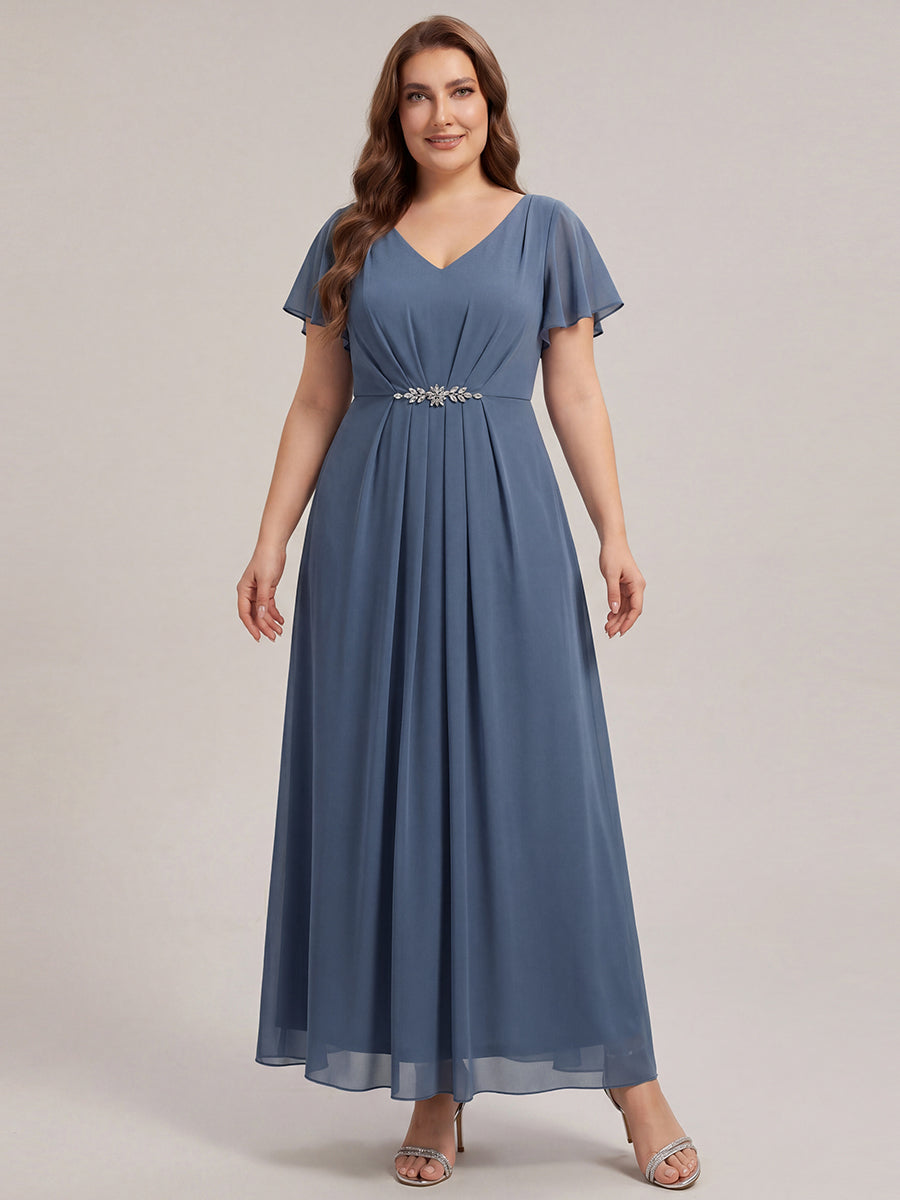 Robe longue maxi ligne A avec manches à volants col en V ornée de strass #Couleur_Marine Fume