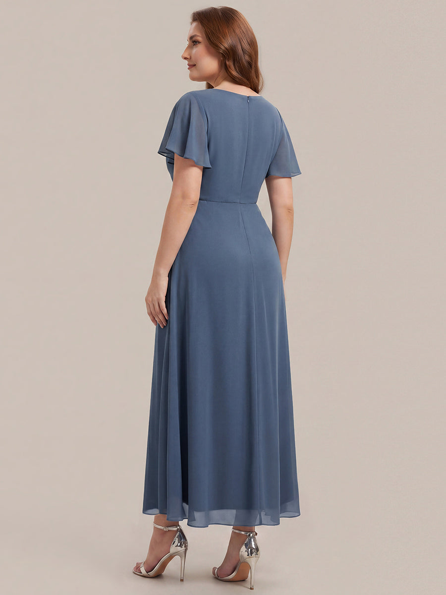 Robe longue maxi ligne A avec manches à volants col en V ornée de strass #Couleur_Marine Fume