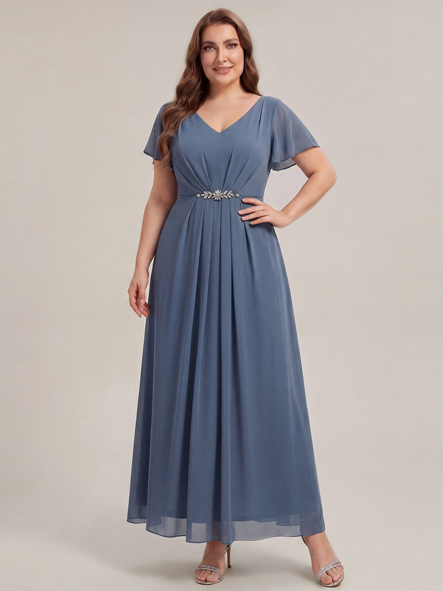 Robe longue maxi ligne A avec manches à volants col en V ornée de strass #Couleur_Marine Fume
