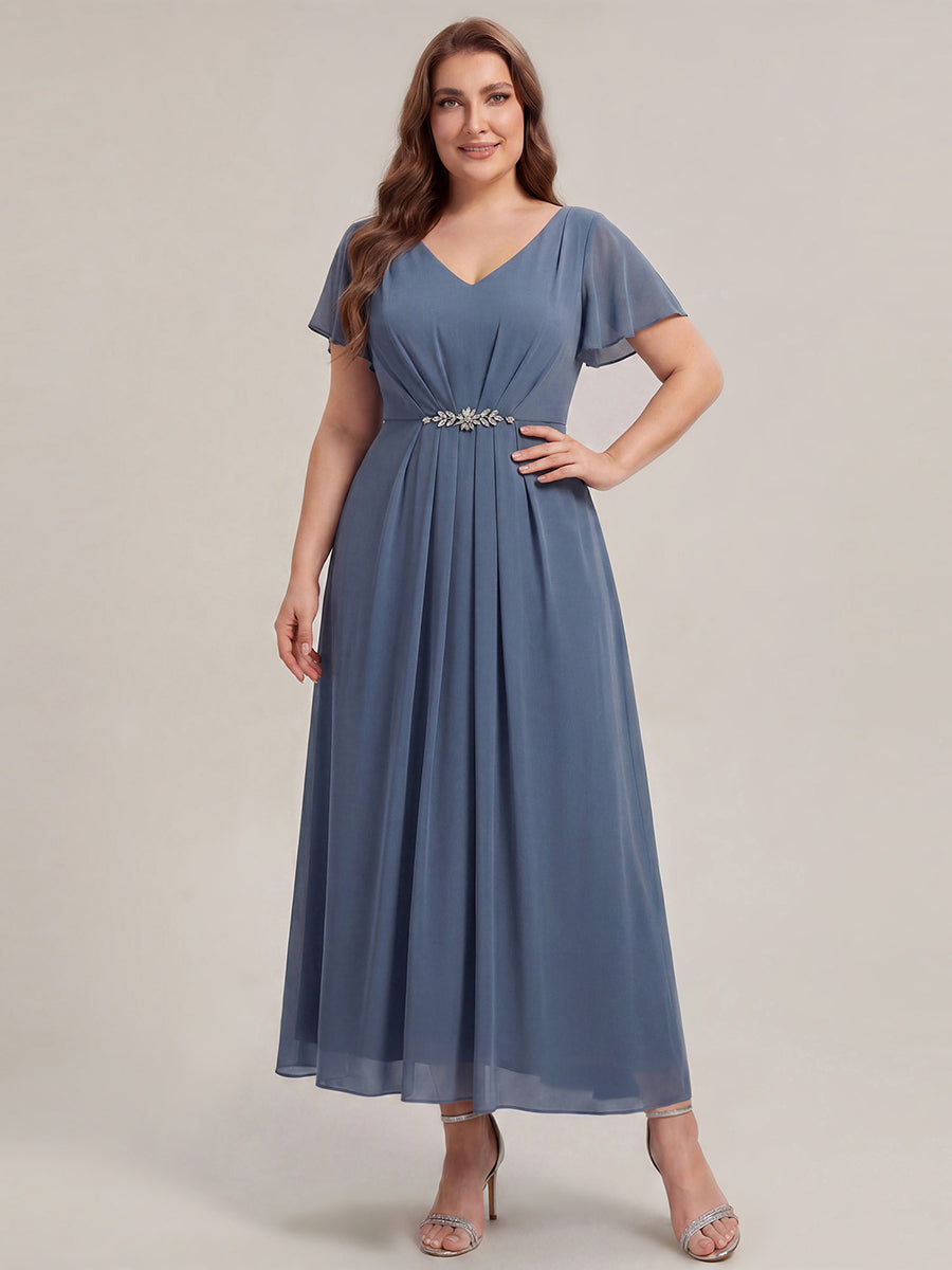 Robe longue maxi ligne A avec manches à volants col en V ornée de strass #Couleur_Marine Fume