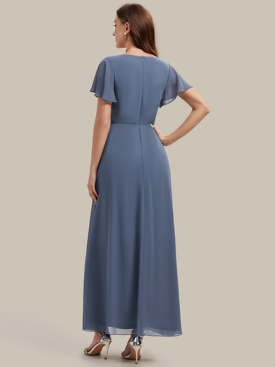 Robe longue maxi ligne A avec manches à volants col en V ornée de strass #Couleur_Marine Fume