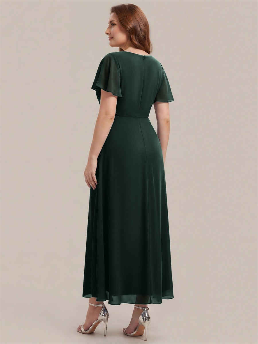 Robe longue maxi ligne A avec manches à volants col en V ornée de strass #Couleur_Vert forêt foncé