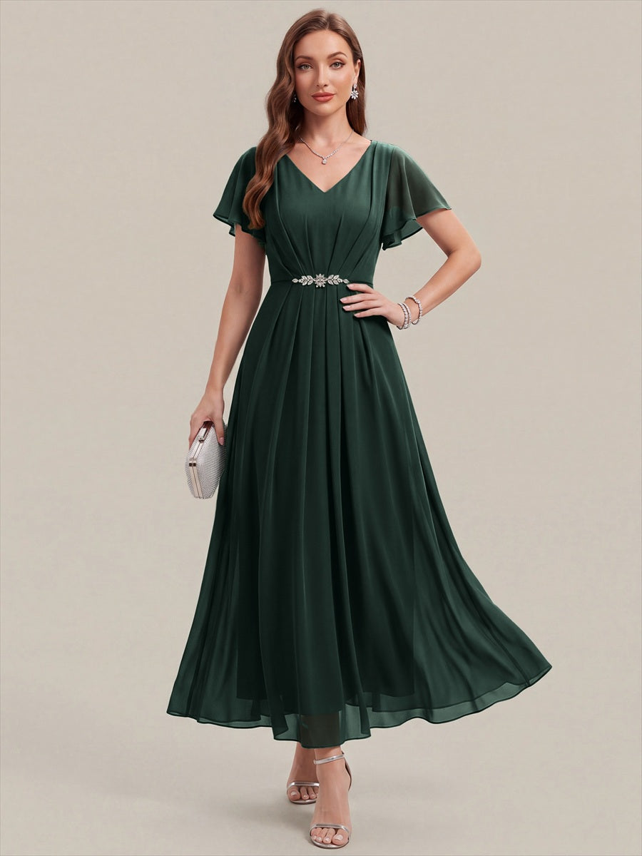 Robe longue maxi ligne A avec manches à volants col en V ornée de strass #Couleur_Vert forêt foncé