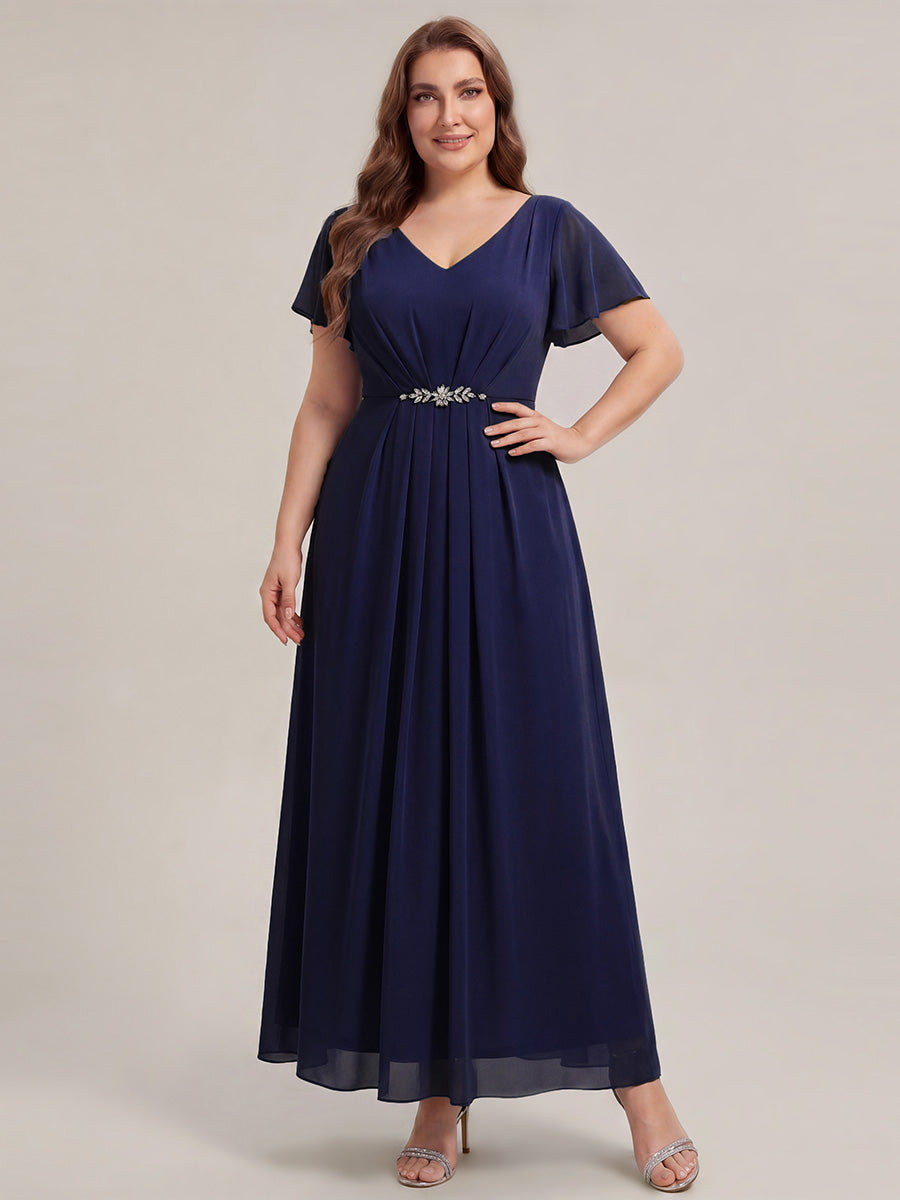 Robe longue maxi ligne A avec manches à volants col en V ornée de strass #Couleur_Bleu Marine