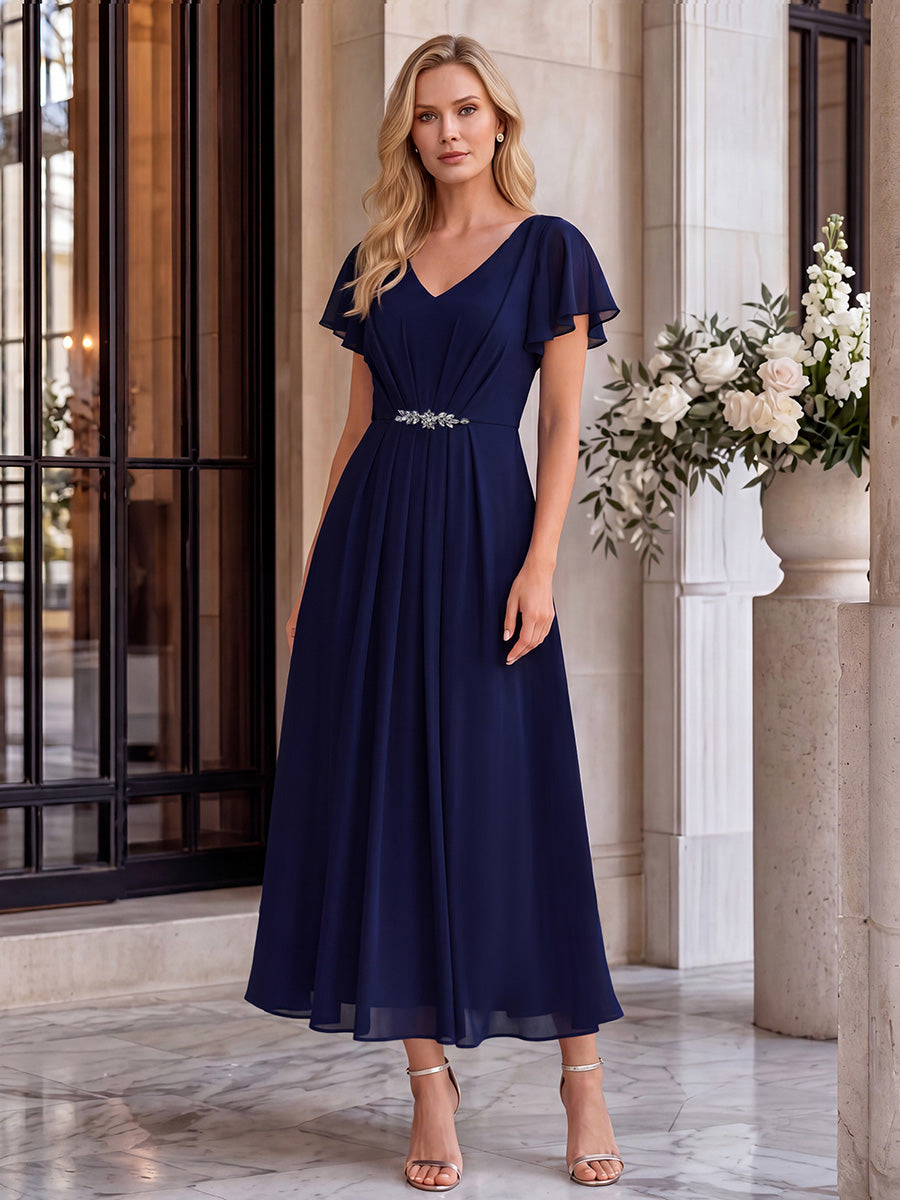 Robe longue maxi ligne A avec manches à volants col en V ornée de strass #Couleur_Bleu Marine