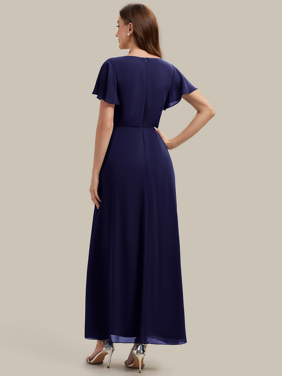 Robe longue maxi ligne A avec manches à volants col en V ornée de strass #Couleur_Bleu Marine