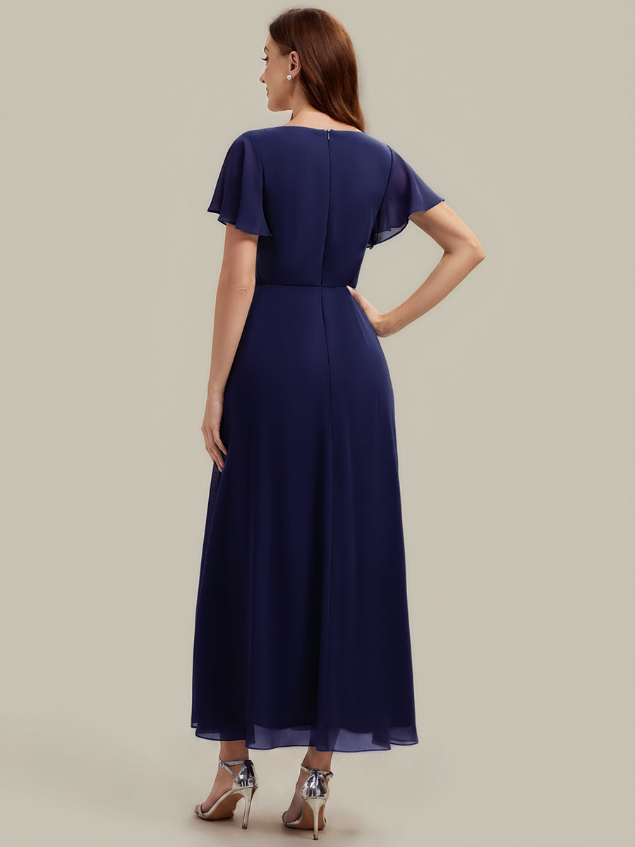 Robe longue maxi ligne A avec manches à volants col en V ornée de strass #Couleur_Bleu Marine