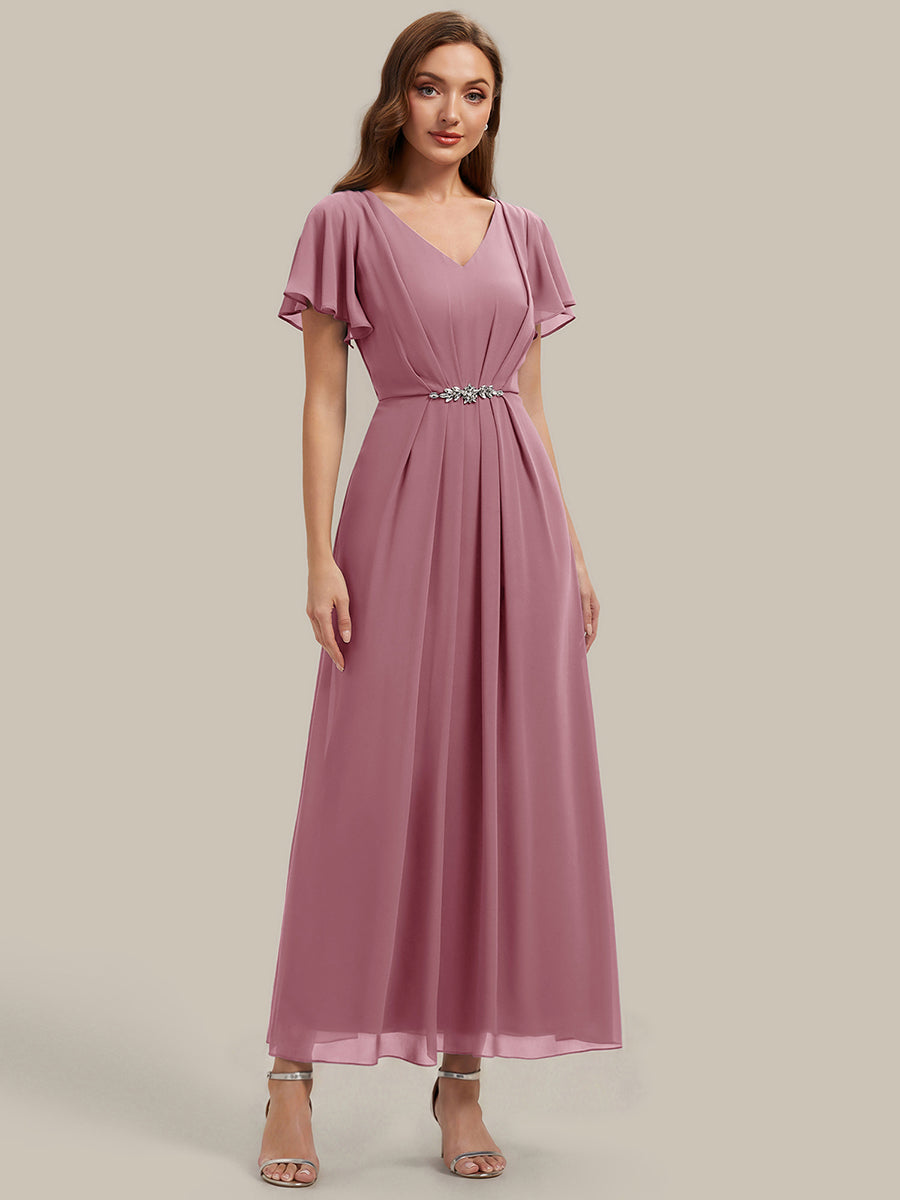 Robe longue maxi ligne A avec manches à volants col en V ornée de strass #Couleur_Orchidee