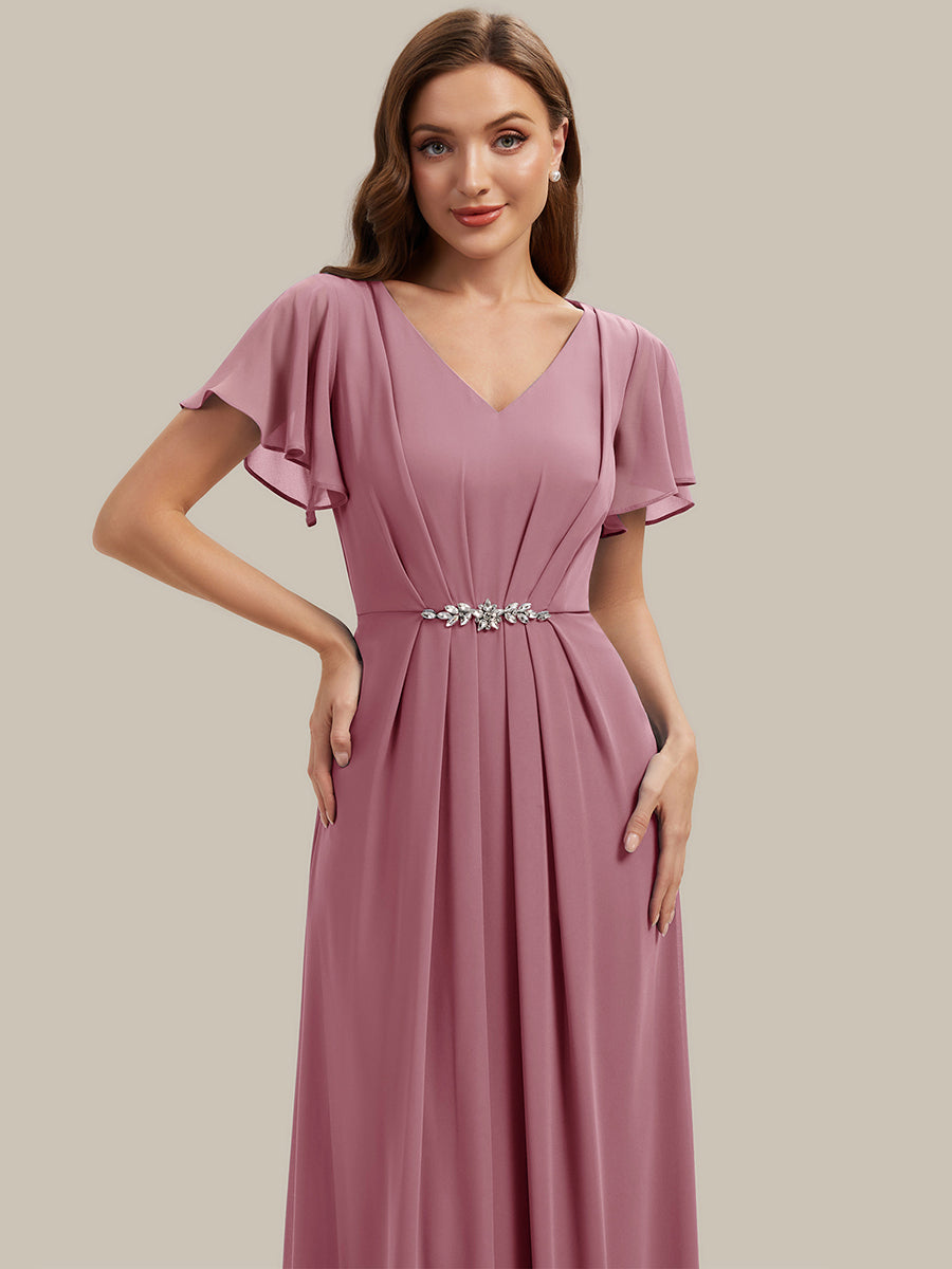 Robe longue maxi ligne A avec manches à volants col en V ornée de strass #Couleur_Orchidee