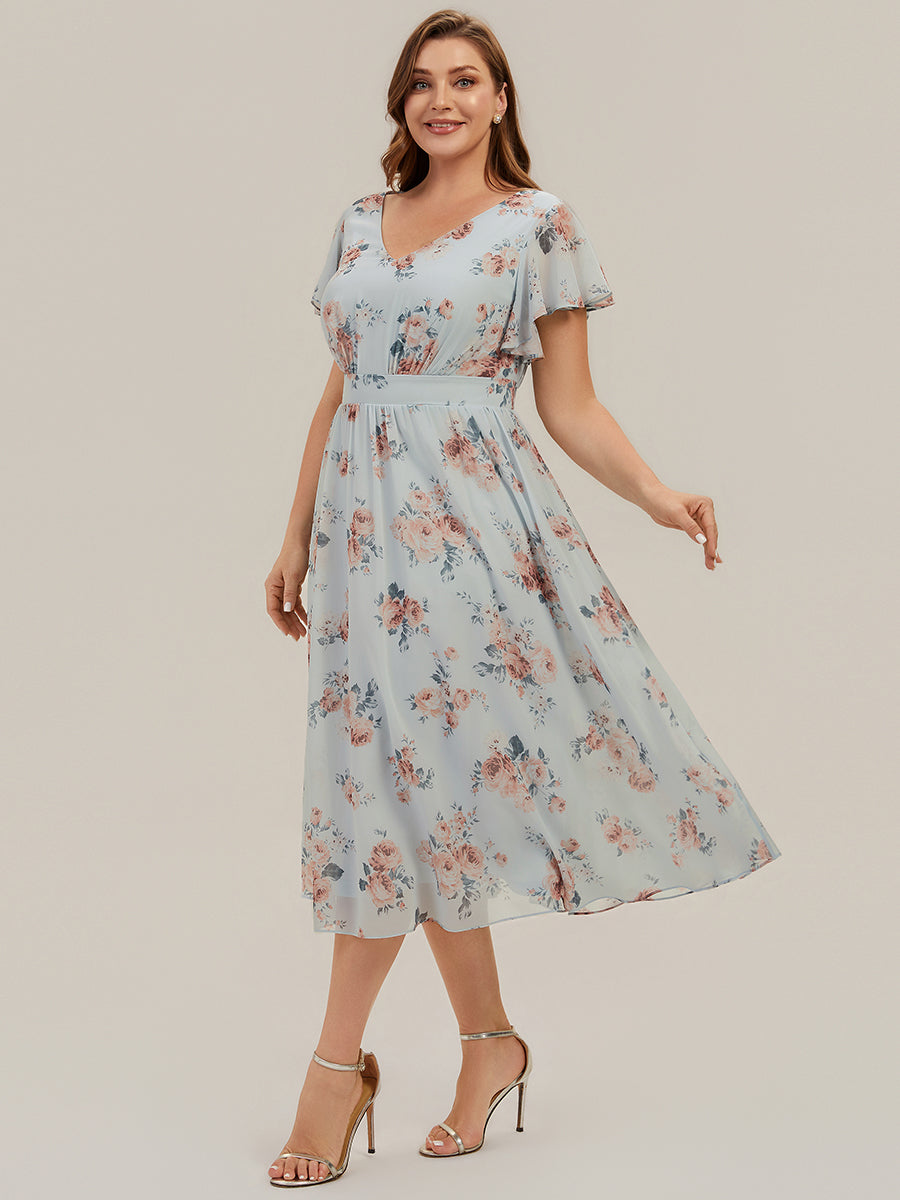 robe midi à manches courtes en V sans élasthanne avec des manches volantes #Couleur_Floraison Ambrée