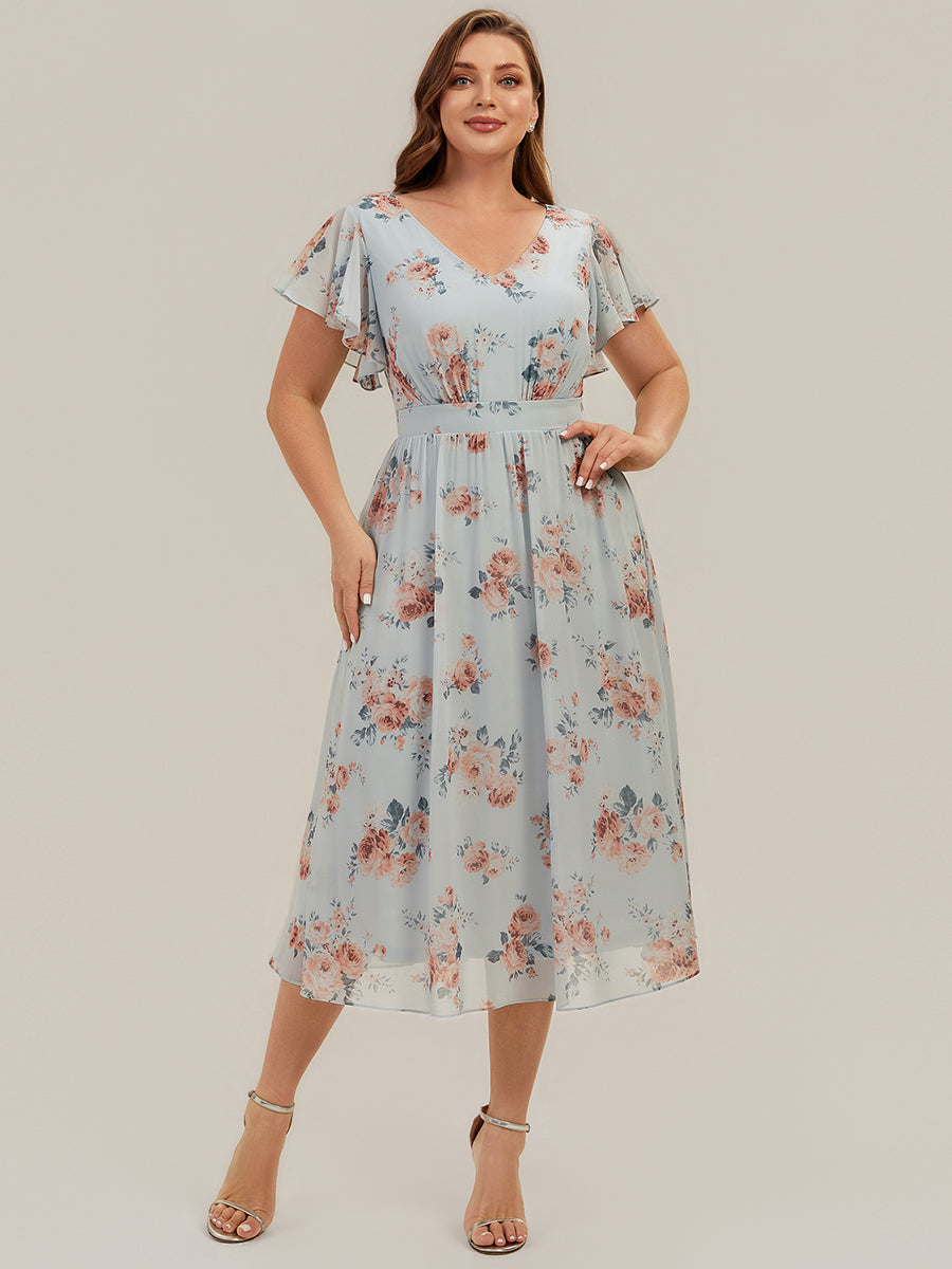 robe midi à manches courtes en V sans élasthanne avec des manches volantes #Couleur_Floraison Ambrée