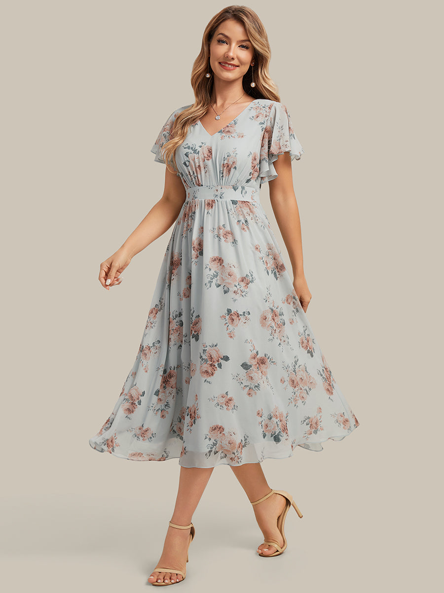 robe midi à manches courtes en V sans élasthanne avec des manches volantes #Couleur_Floraison Ambrée