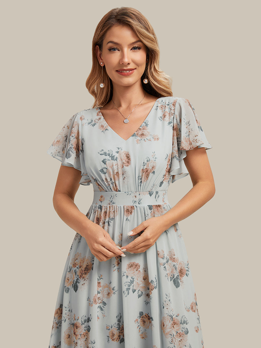 robe midi à manches courtes en V sans élasthanne avec des manches volantes #Couleur_Floraison Ambrée