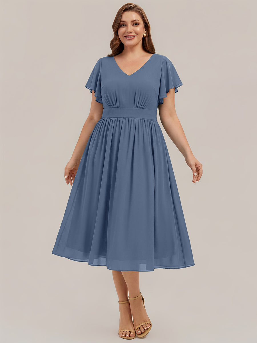 robe midi à manches courtes en V sans élasthanne avec des manches volantes #Couleur_Marine Fume