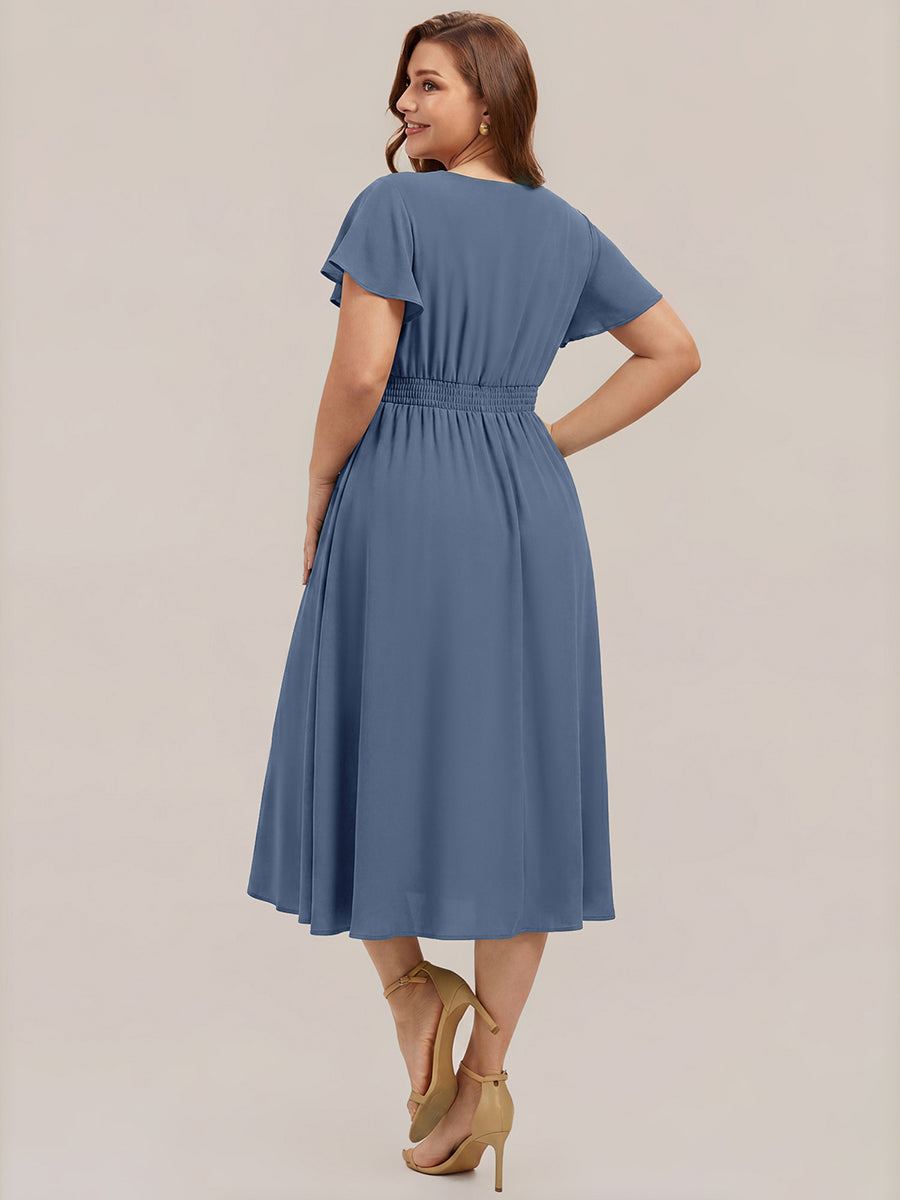 robe midi à manches courtes en V sans élasthanne avec des manches volantes #Couleur_Marine Fume