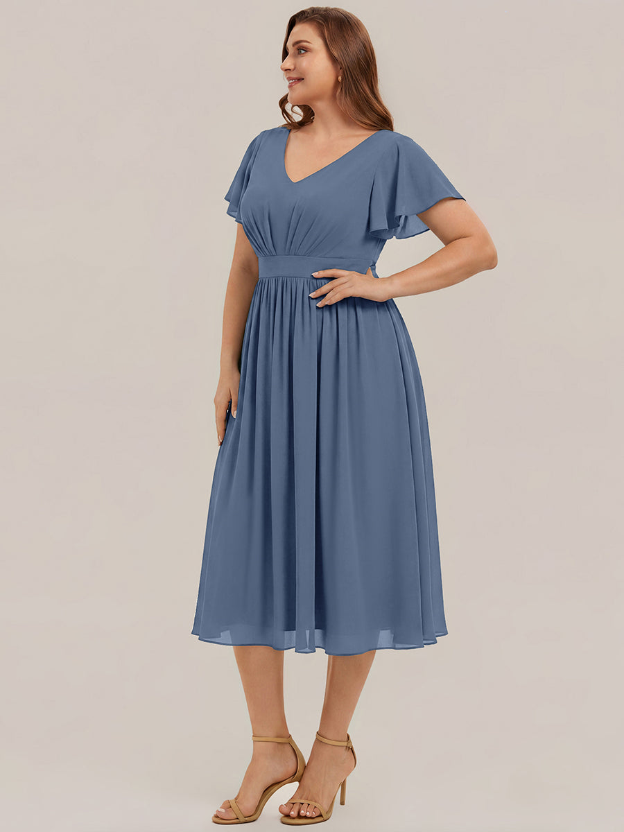 robe midi à manches courtes en V sans élasthanne avec des manches volantes #Couleur_Marine Fume