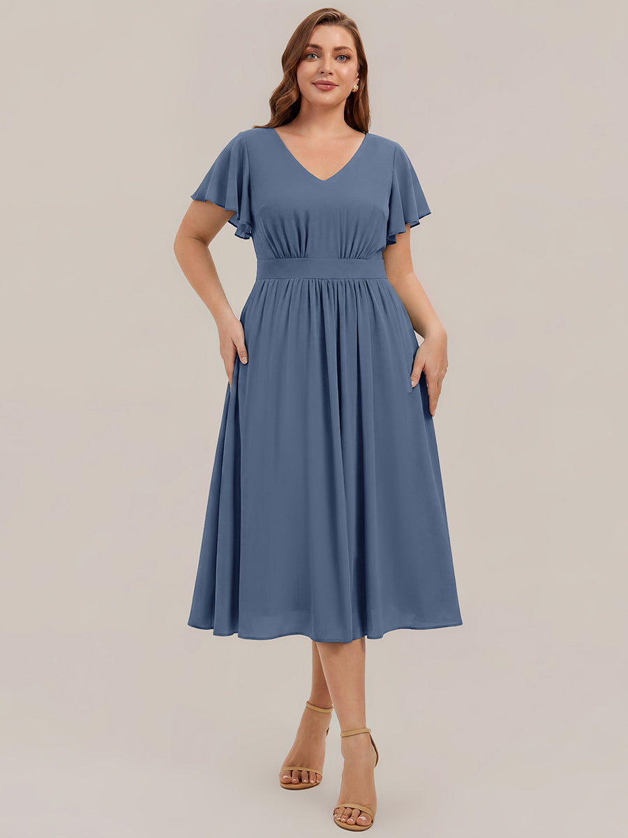 robe midi à manches courtes en V sans élasthanne avec des manches volantes #Couleur_Marine Fume