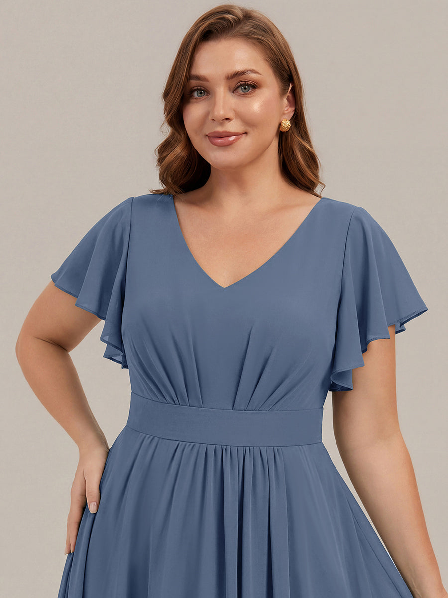 robe midi à manches courtes en V sans élasthanne avec des manches volantes #Couleur_Marine Fume