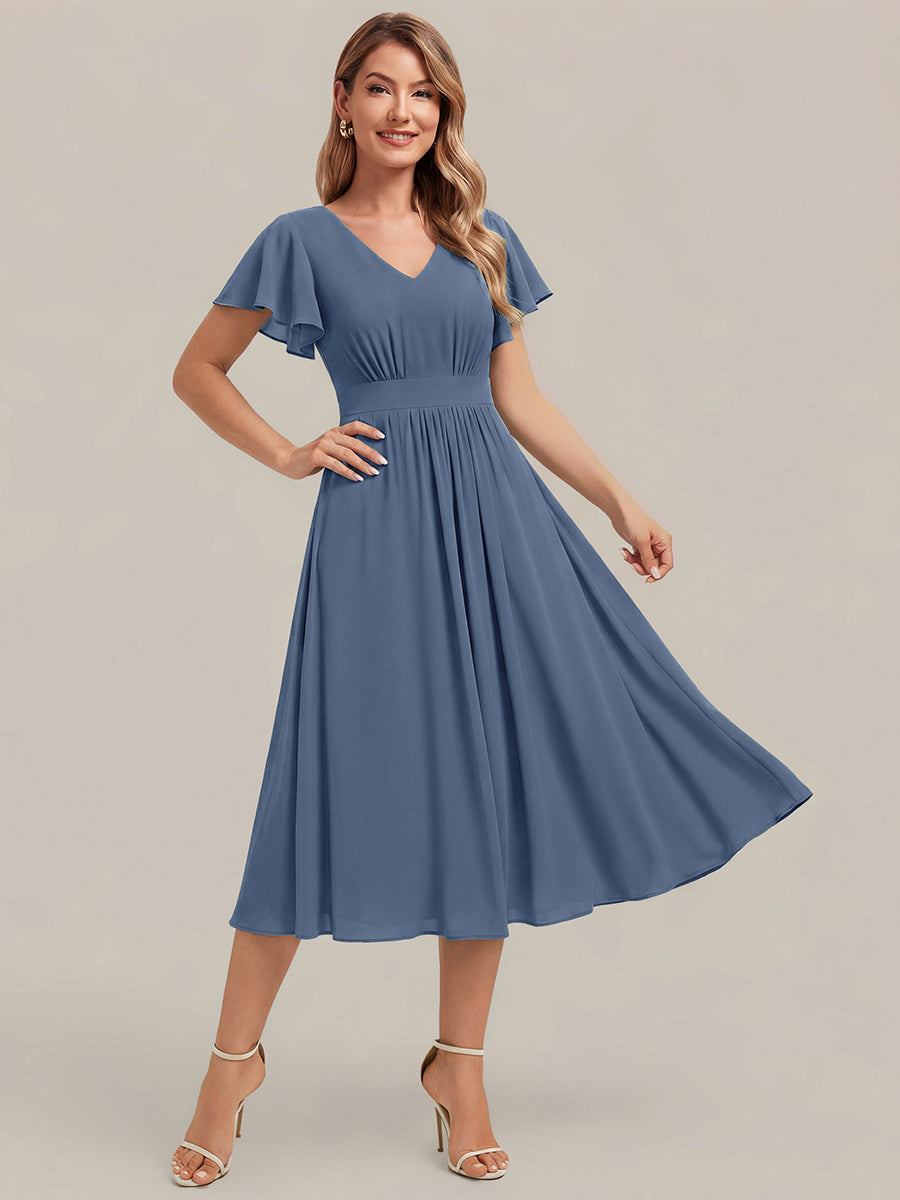 robe midi à manches courtes en V sans élasthanne avec des manches volantes #Couleur_Marine Fume