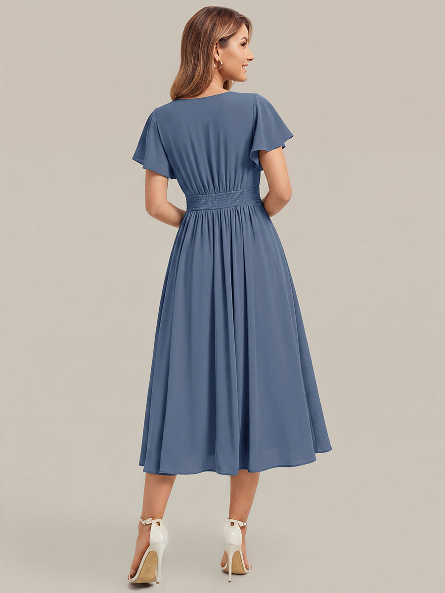 robe midi à manches courtes en V sans élasthanne avec des manches volantes #Couleur_Marine Fume