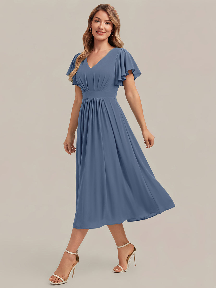 robe midi à manches courtes en V sans élasthanne avec des manches volantes #Couleur_Marine Fume