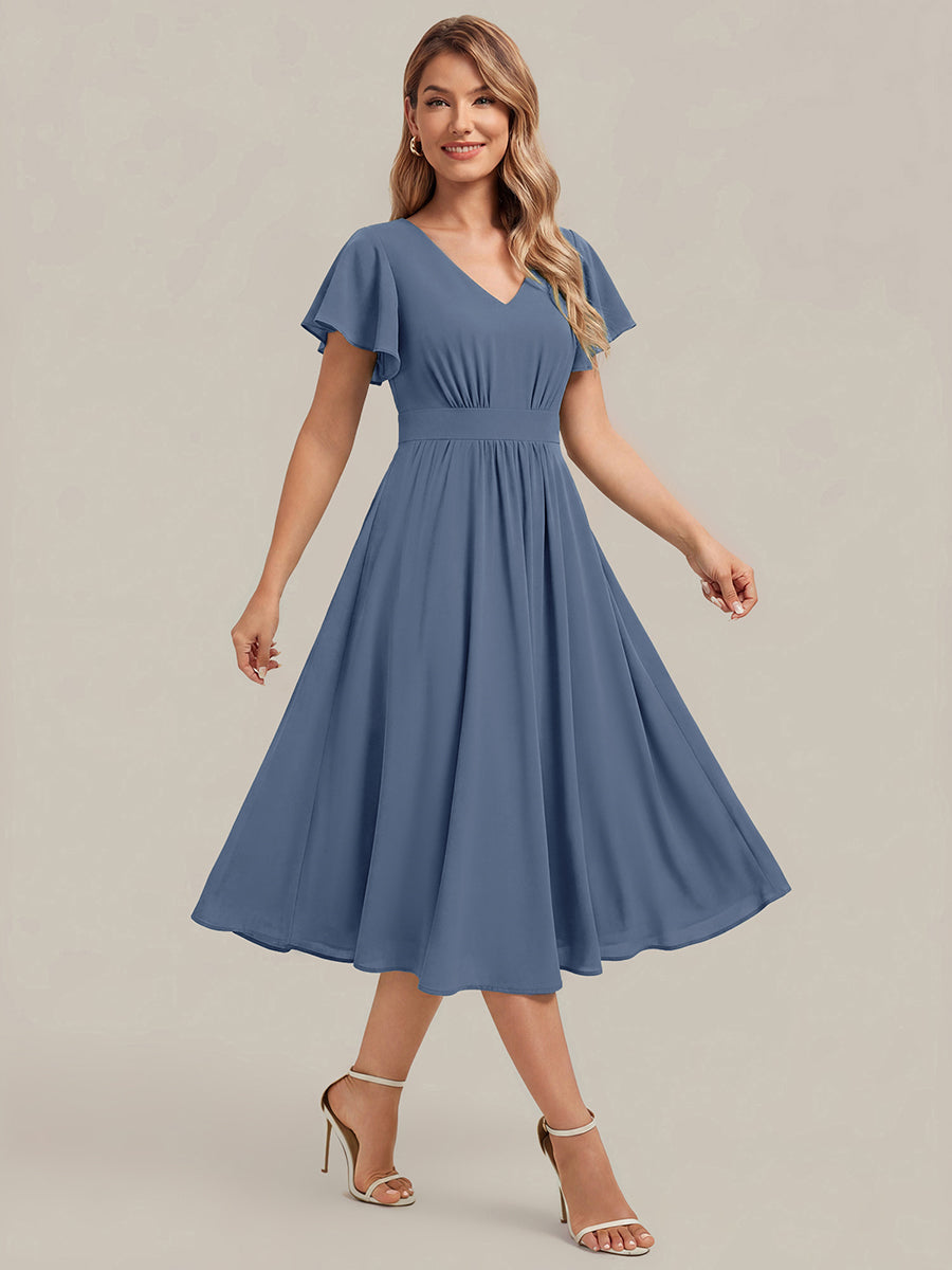 robe midi à manches courtes en V sans élasthanne avec des manches volantes #Couleur_Marine Fume