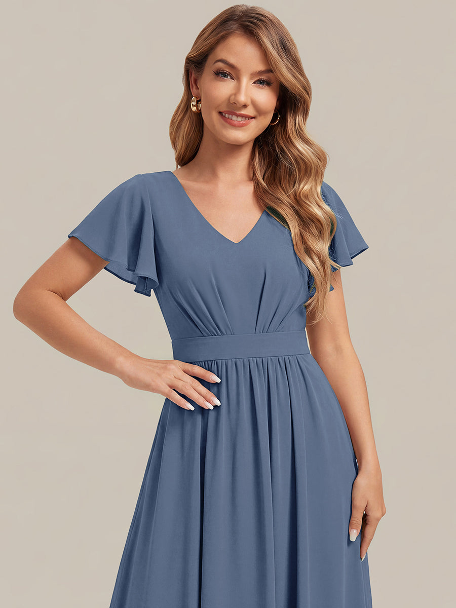 robe midi à manches courtes en V sans élasthanne avec des manches volantes #Couleur_Marine Fume
