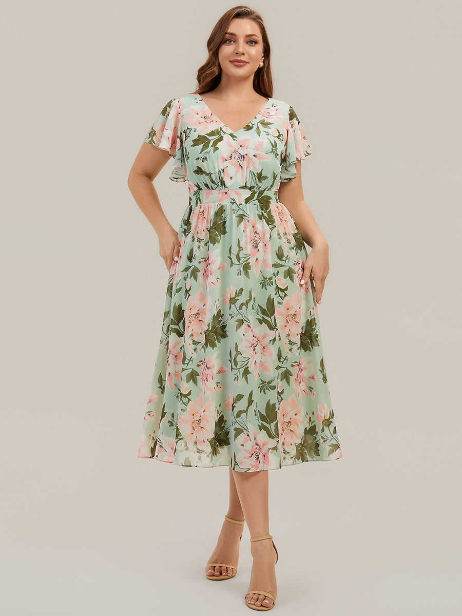 robe midi à manches courtes en V sans élasthanne avec des manches volantes #Couleur_Vert clair à fleurs