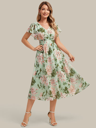 Robe midi à manches courtes en V sans élasthanne avec des manches volantées