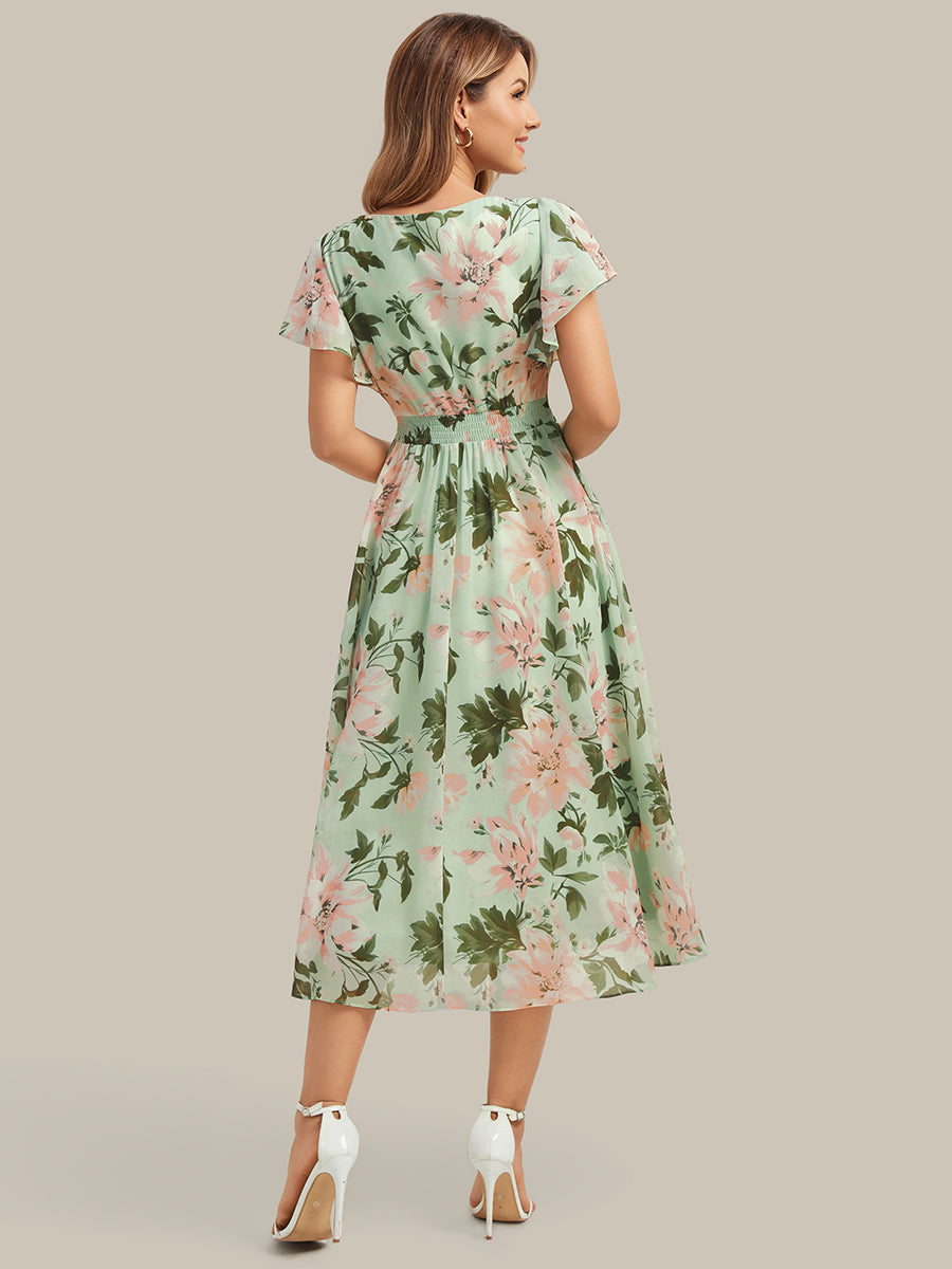 robe midi à manches courtes en V sans élasthanne avec des manches volantes #Couleur_Vert clair à fleurs