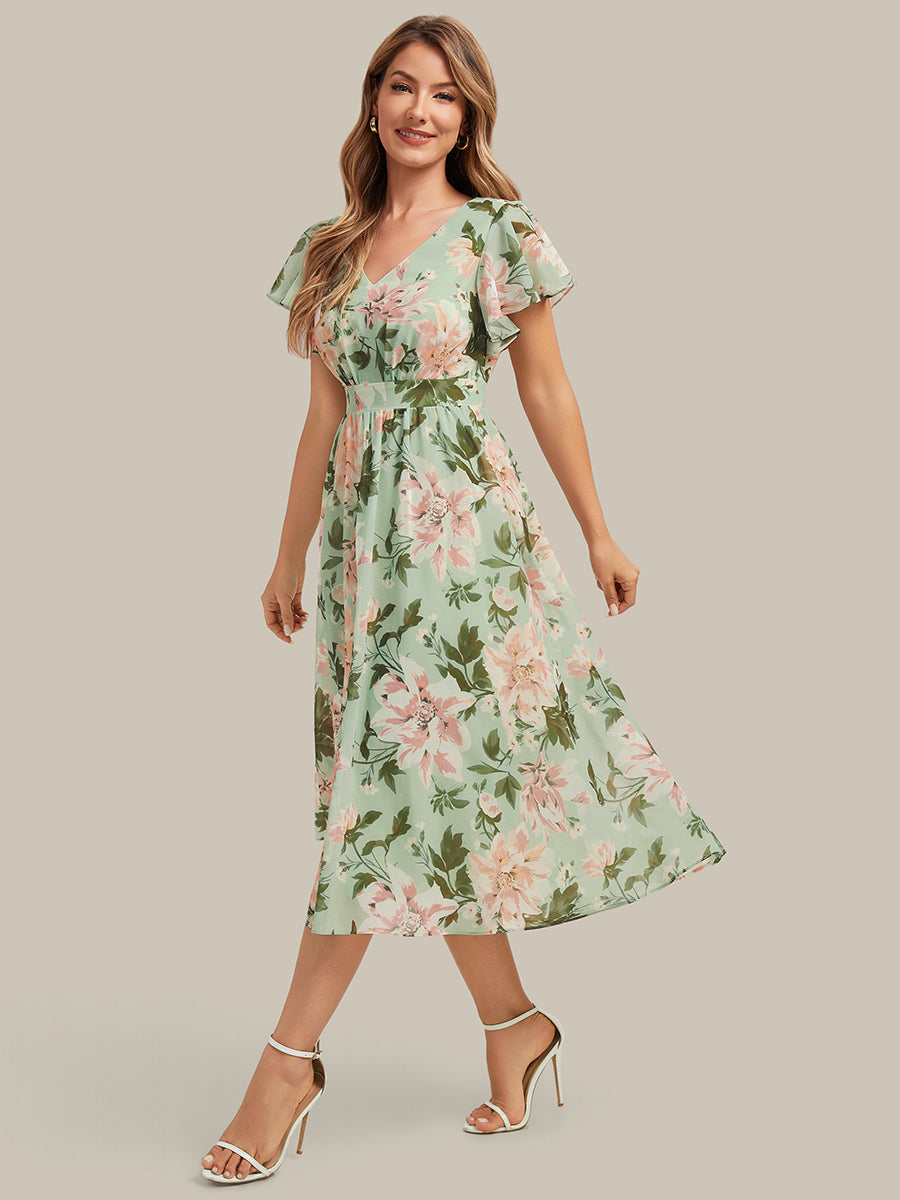 robe midi à manches courtes en V sans élasthanne avec des manches volantes #Couleur_Vert clair à fleurs