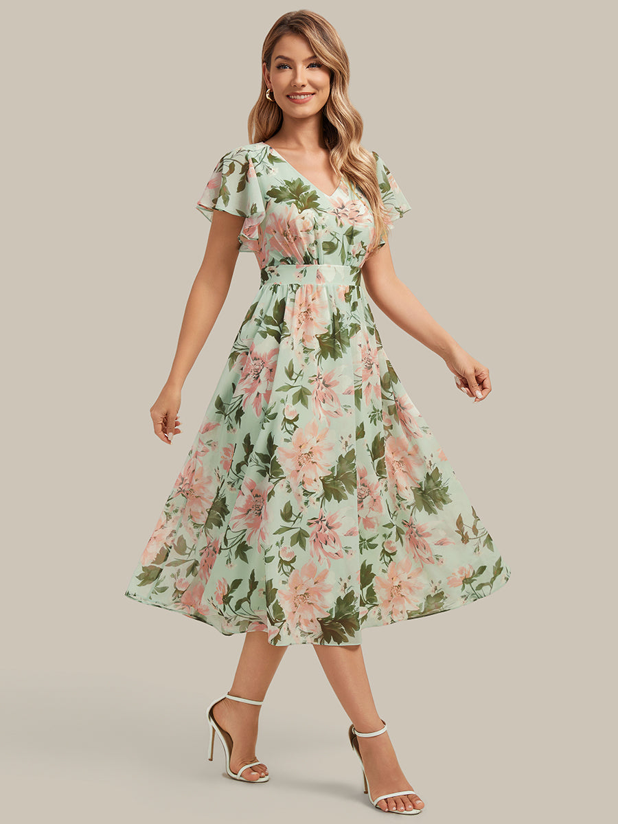 robe midi à manches courtes en V sans élasthanne avec des manches volantes #Couleur_Vert clair à fleurs