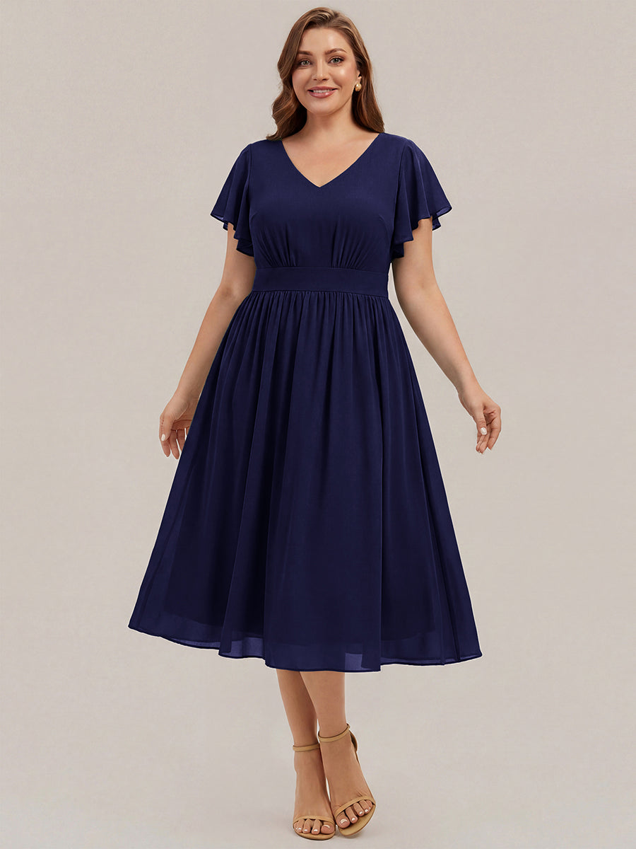 robe midi à manches courtes en V sans élasthanne avec des manches volantes #Couleur_Bleu Marine