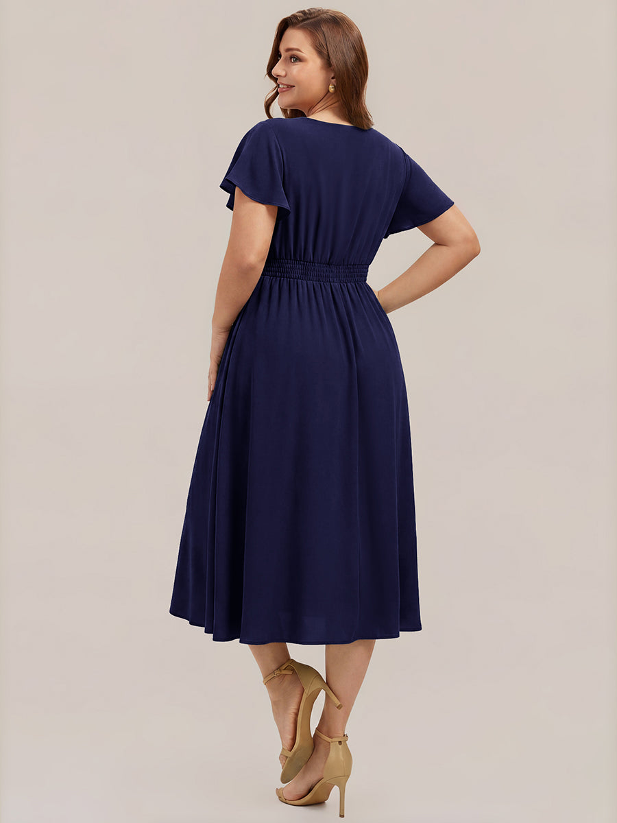 robe midi à manches courtes en V sans élasthanne avec des manches volantes #Couleur_Bleu Marine